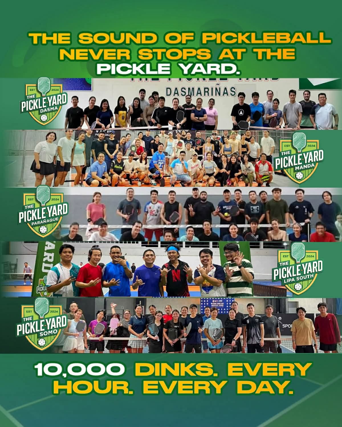 Social graphic combining group photos from five Pickle Yard branches