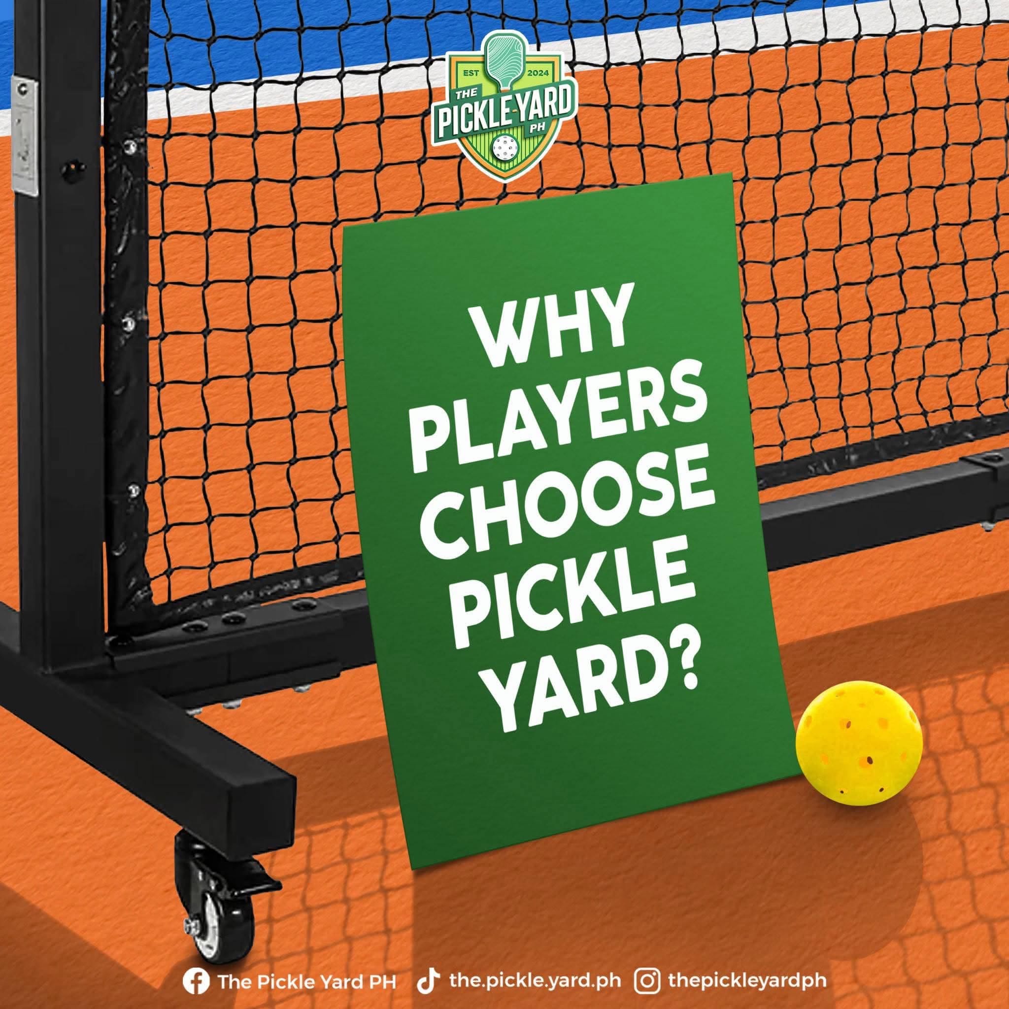 Social graphic with a Why Players Choose Pickle Yard card propped against a court net